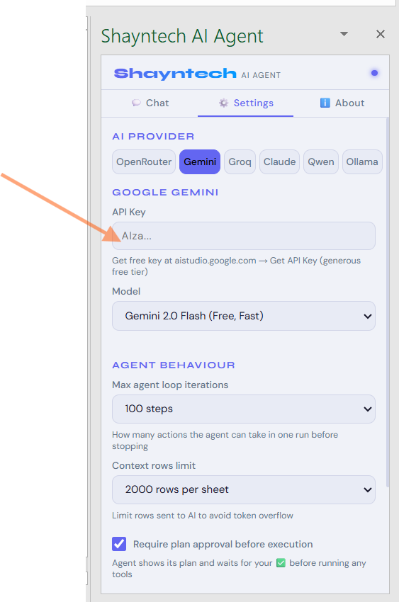 Settings tab — choose your AI provider, paste your API key, then click Save Settings
